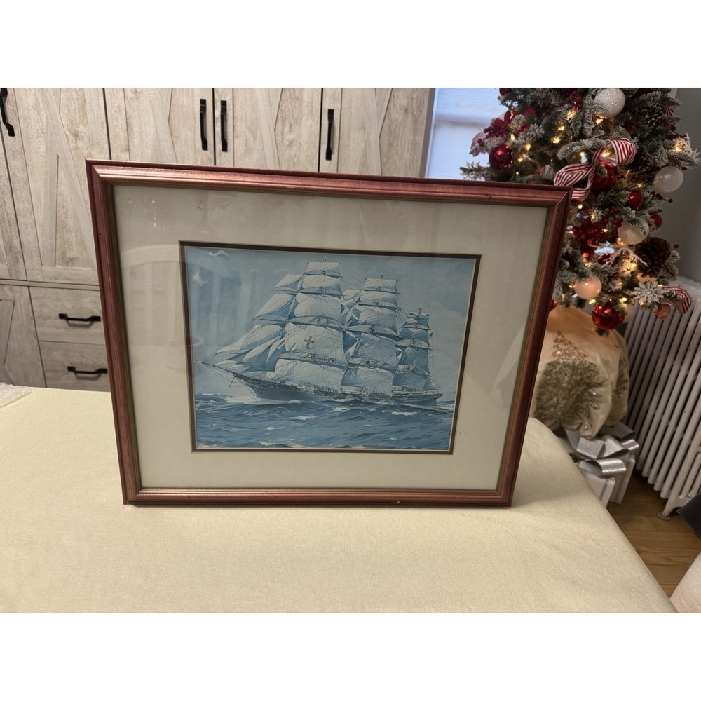 Vintage Nautical Sailing Ship Framed Art Print Ocean‎ Seascape Maritime Decor